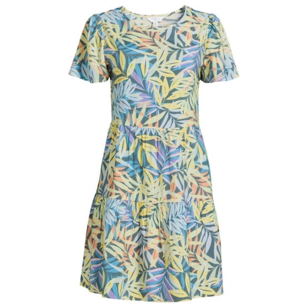 Time and Tru Tiered Tropical Print Short Sleeve Pullover Dress - Picture 4 of 10